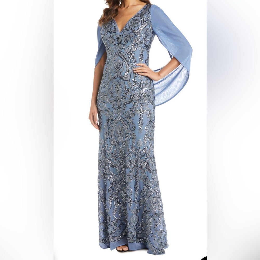 Blue long mother of the bride beaded lace evening gown distinctive half sleeve
